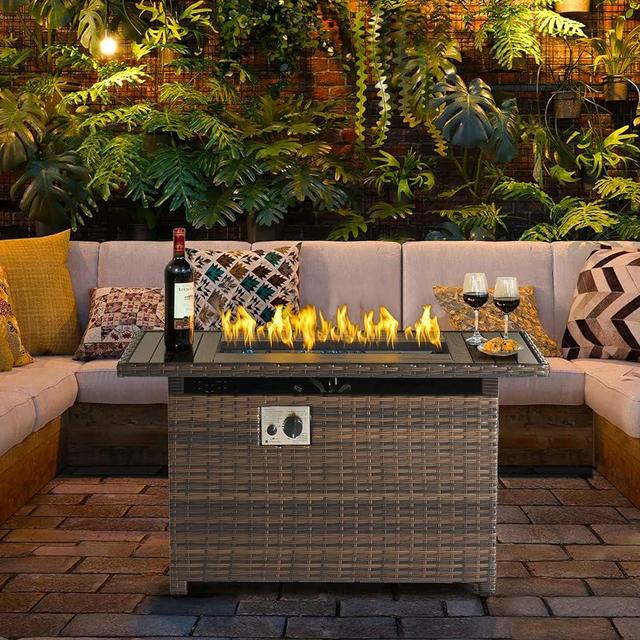 Aoxun Propane Fire Pit Table with Storage, 40 in CSA Propane Fire Table Rectangular, Auto Ignition Gas Fire Pit for Outside Patio Deck, Oxford Cover, Brown Wicker