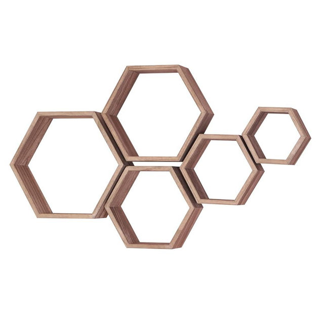 Hexagon Shelves for Wall,Hexagon Floating Shelf Set of 5,Honeycomb Shelves Octagon Hanging Cube Rustic Wood Wall Mounted for Living Room Bedroom Kitchen Bathroom Office Home Decor（Carbonized Brown）