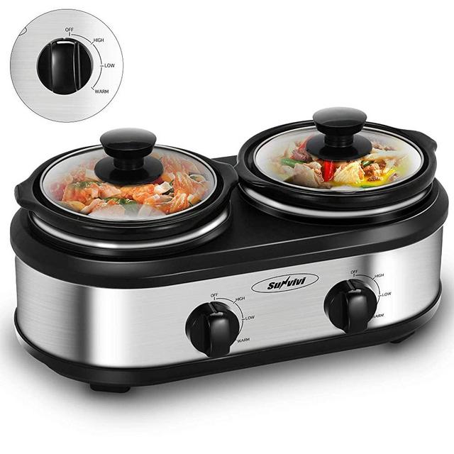 Dual 2 Pot Slow Cooker Buffet Server Electric Slow Cooker Food Warmer, Adjustable Temp Dishwasher Safe Removable Ceramic Pot Glass Lid, 2x1.25QT Portable Small Crock Cooker Stainless Steel Slow Cooker