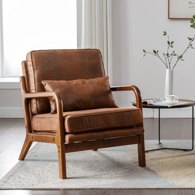 Mid Century Modern Brown Accent Chair Living Room- Comfy Solid Wood Arm Chair with Lumber Pillow Lounge Decorative Microfiber Leather Office Side Chair for Bedroom Reading Nook Sillas De Sala Coffee