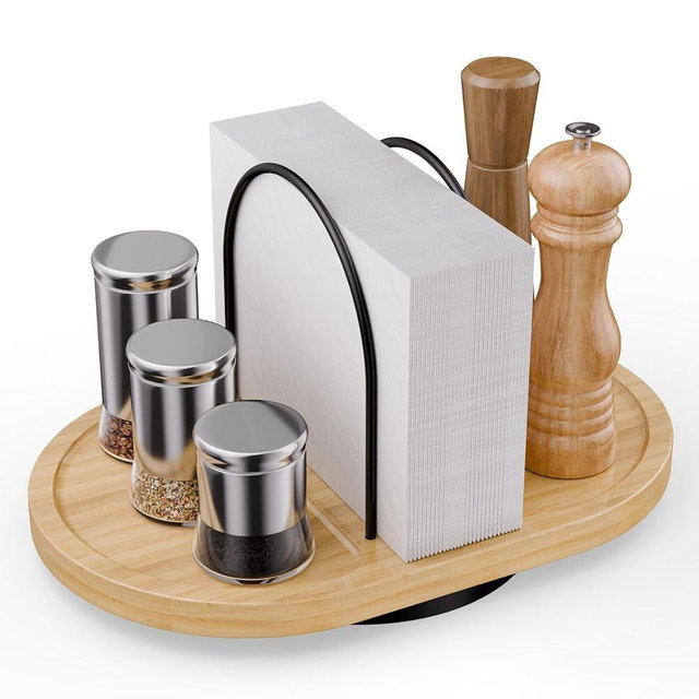 Napkin Holder for Table, Rotating Standing Napkin Dispenser with Salt and Pepper Shakers Caddy Placing Space, Rustic Metal Caddy Napkin Storage for Table Kitchen Countertop, Dining Table Decor(Bamboo)