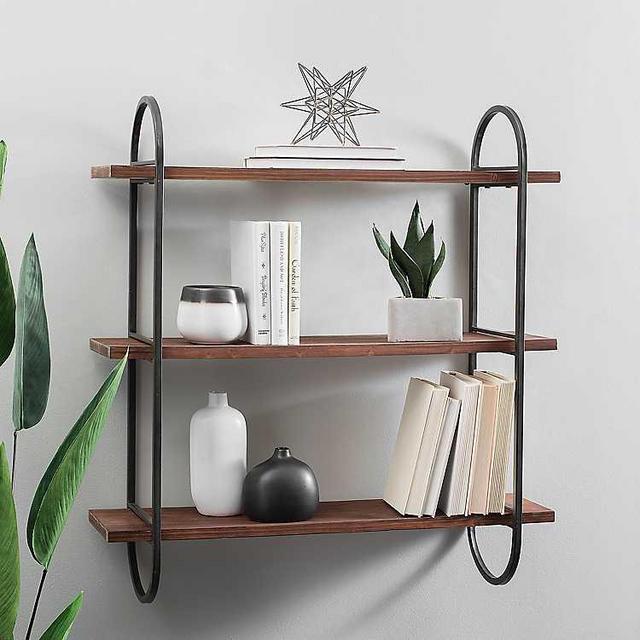 Wood Triple Wall Shelf with Metal Frame