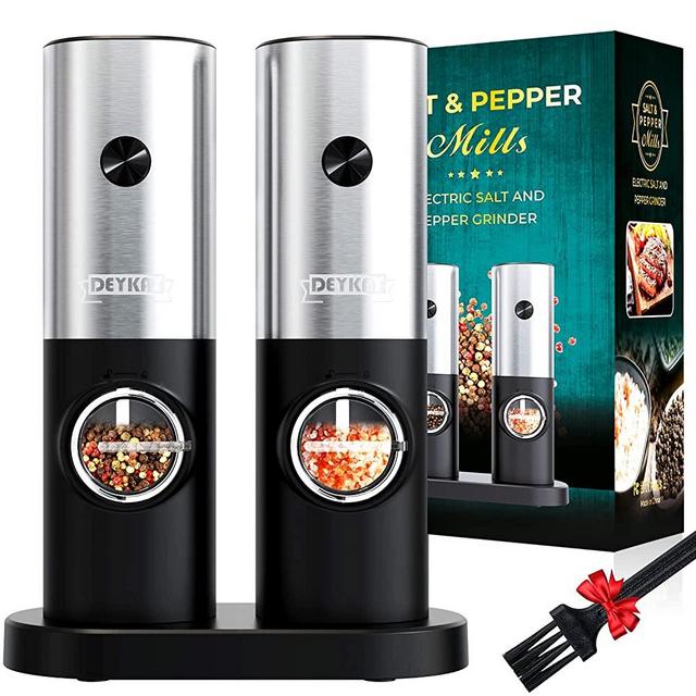 Electric Pepper and Salt Grinder Set, Adjustable Coarseness, Battery Powered with LED Light and Storage Base, One Hand Automatic Operation, Stainless Steel, 2 Pack