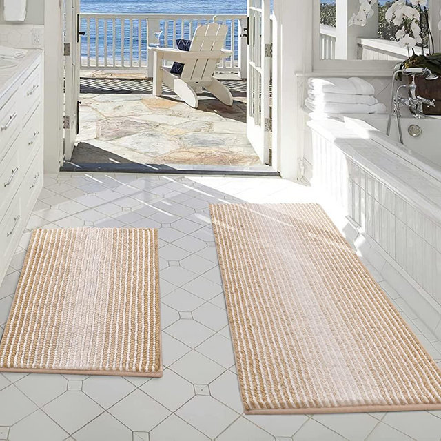 Bathroom Rugs and Mats Sets, 2 Piece Thick Absorbent Chenille Bath Mat Rug Set Non Slip, Soft Shaggy Bath Room Floor Mats for Bathroom, Machine Washable (20" x 47" Plus 20" x 32", Beige)
