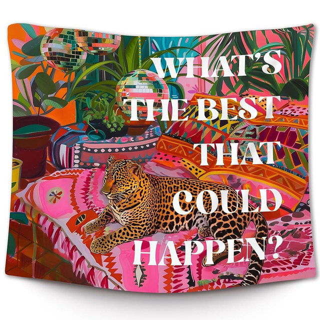 XLDLIOO Preppy Leopard Disco What's The Best That Could Happen Wall Tapestry, Retro Maximalist Tapestry Hanging for Girly Room Bedroom, Groovy Tapestries Wall Decor Art for Teen Girls Dorm 50x60in
