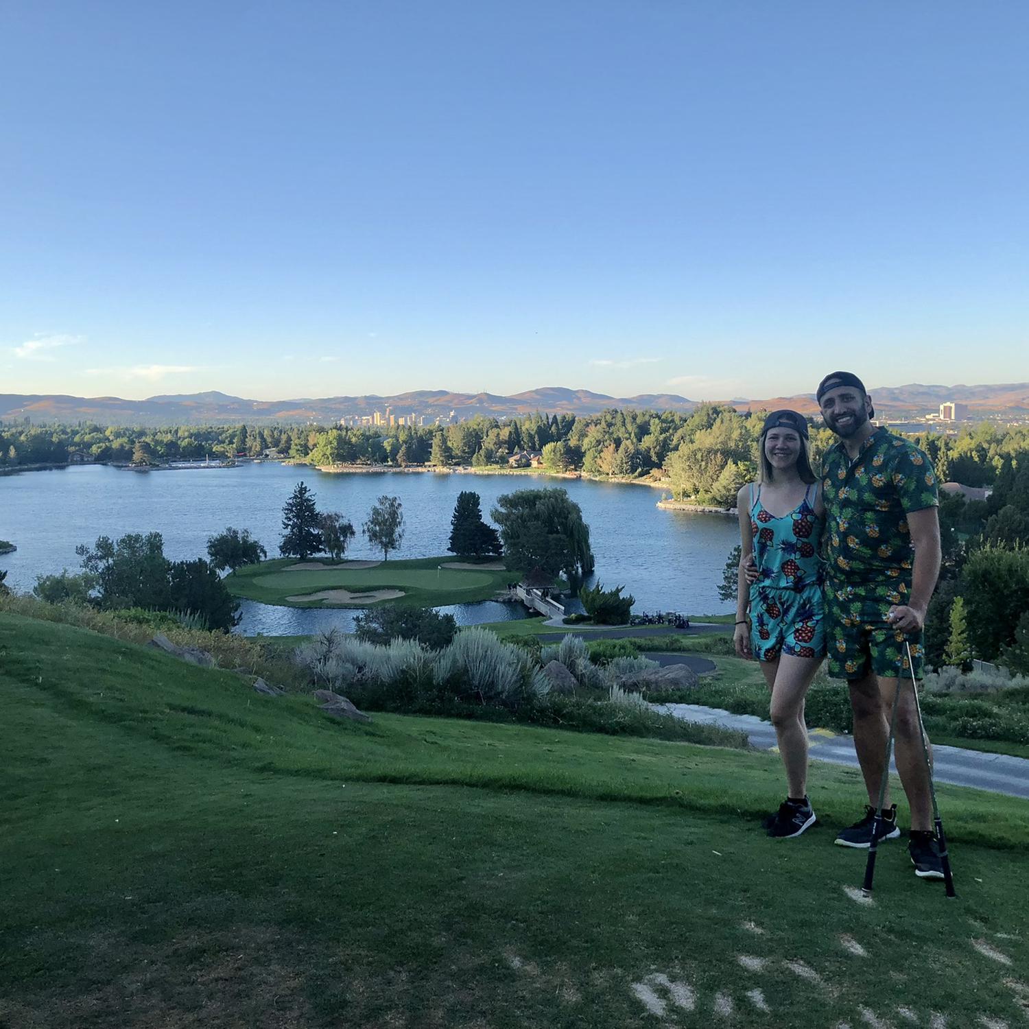 Golfing in our pineapple rompers - JC loves golfing and Marley loves the beautiful views and fresh air