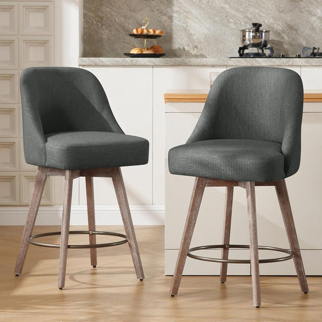 Bekrvio Counter Height Bar Stools Set of 2, Modern Mid-Century Swivel Barstools with Backs and Wood Legs, Linen Fabric Upholstered Bar Chairs, 26" Seat Height Counter Stools for Kitchen Island, Gray