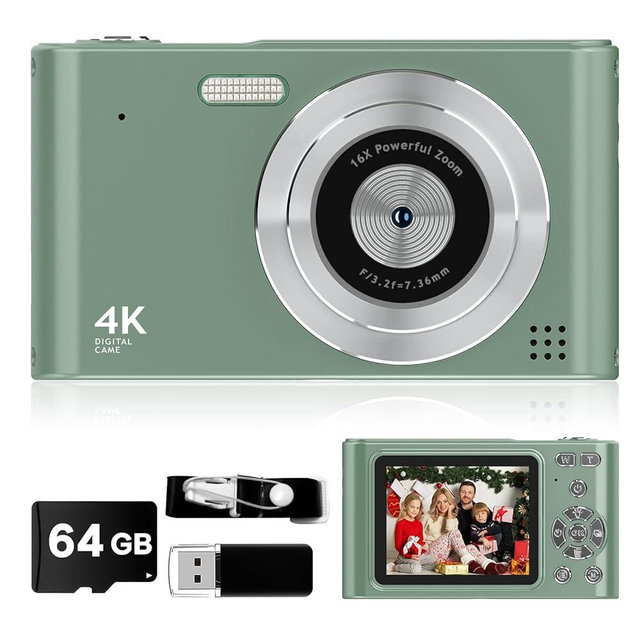 Digital Camera - 1080P Vlog Camera, 44MP Compact, 16X Zoom, Anti-Shake, Green Gift for Kids