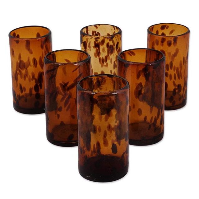 NOVICA Hand Blown Brown Recycled Glass Water Glasses,12 oz 'Tall Tortoise Shell' (set of 6)
