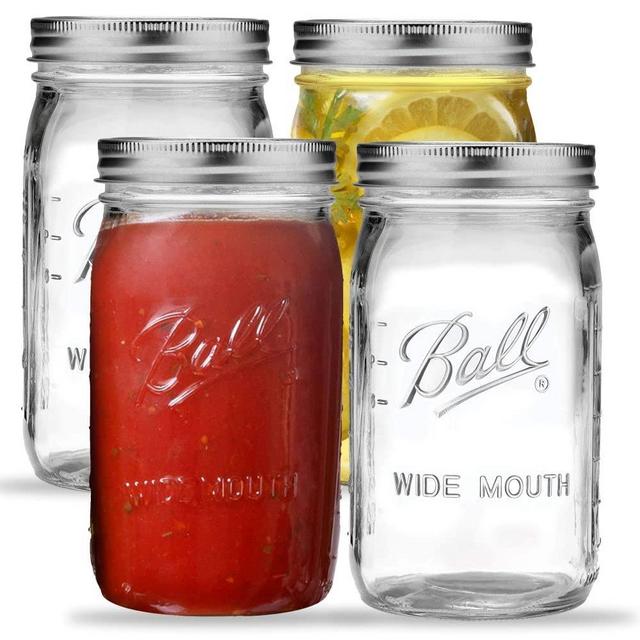 Wide Mouth Mason Jars 32 oz. (4 Pack) - Quart Size Jars with Airtight Lids and Bands for Canning, Fermenting, Pickling, or DIY Decors and Projects - Bundled with Jar Opener