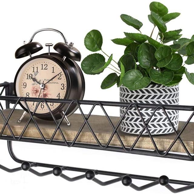 Decorative Key and Mail Holder for Wall with Shelf, Wall Mounted Floating Entryway Shelves with 6 Key Hooks, Decorative Metal Wire Mesh Key Holder with Shelf for Wall, Entryway, Bathroom (14')