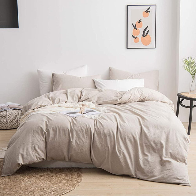 JIYUAN 100% Washed Cotton 3pcs Duvet Cover King Size Bedding Set, Ultra Soft Breathable and Comfy(Classic Linen, Zip Closure)