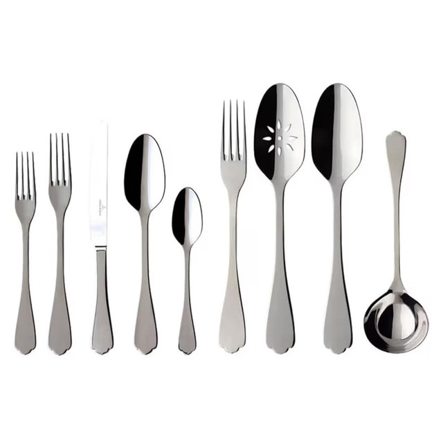 Villeroy & Boch Medina Collection 64-Piece Flatware Set, Service for 12, Plus 4 Additional Serving Pieces, 18/10 Stainless Steel, Flared Handle, Solid Weight