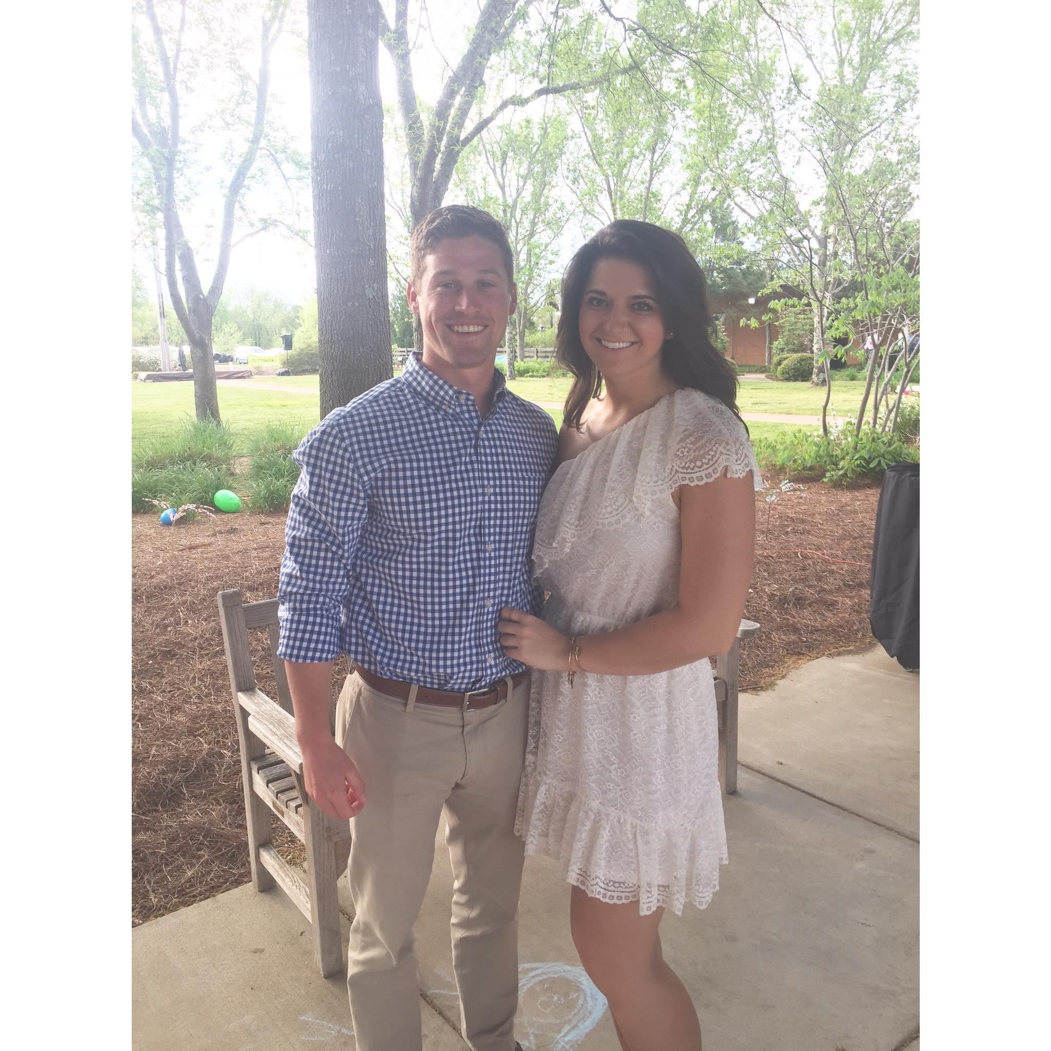 Our first Easter together. This was the first time Coby really got to see me at work—managing the big Easter party at church.