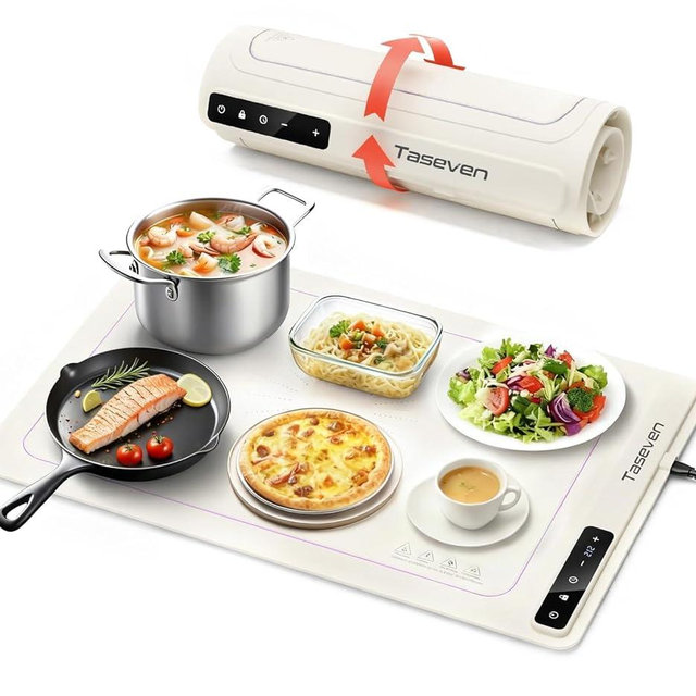 Food Warming Mat, Silicone Heating Tray with 7 Temperature Settings, Quick Full Surface Heating Pad, Thermochromic Line, Kids Lock, Electric Warming Tray for Buffets Party