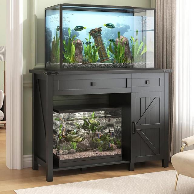 Saudism 40 Gallon Aquarium Stand With Charging Station, Farmhouse Fish Tank Stand, Reptile Tank Stand Terrarium Stand with Drawer and Cabinet Storage, Sturdy Heavy Duty 41.9"×18.3" Tabletop - Black
