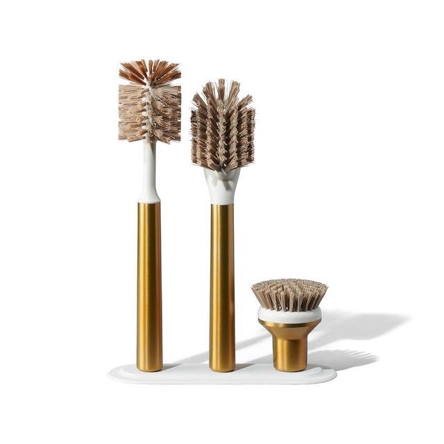Curio Home Goods Ionic Brush Set, Magnetized to Stand Upright, Stainless Steel with Replaceable Heads, Brass/Gold