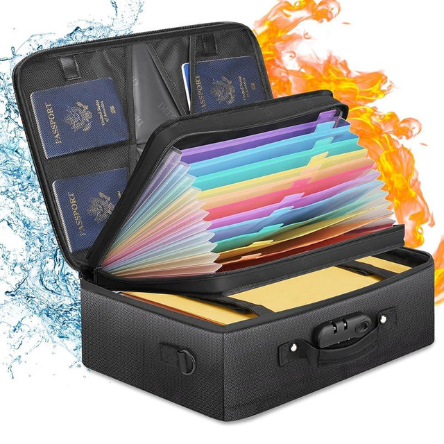 DEEGO Fireproof Document Bag With Lock, Important Document Organizer Waterproof Document Safe File Organizer Box File Storage Portable Travel File Safe For File Certificate Home Office