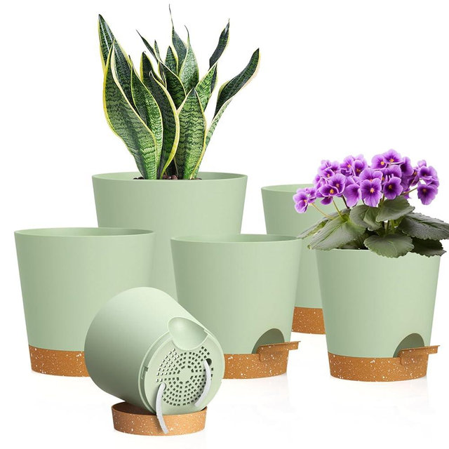 WSMKSZ 7/6.5/6/5.5/5/4 inch Self Watering Pots for Indoor Outdoor Plants, 6 Pack Plastic Flower Planters with Drainage Holes and Removable Saucers, Plant Pots with Wicking Rope, Green Brown