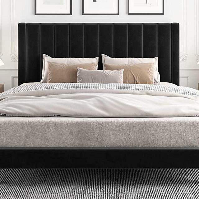 IMUsee King Size Velvet Upholstered Tufted Platform Bed Frame with headboard, Strong Wooden Slats, Box Spring Optional, Mattress Foundation, Easy Assembly, Black