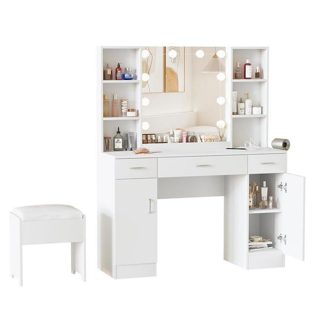 Vabches Makeup Vanity Table with Lighted Mirror & Power Strip, Large Vanity Set Vanity Desk with Lots Storage, 3 Lighting Modes, Brightness Adjustable, 45.2in(L)