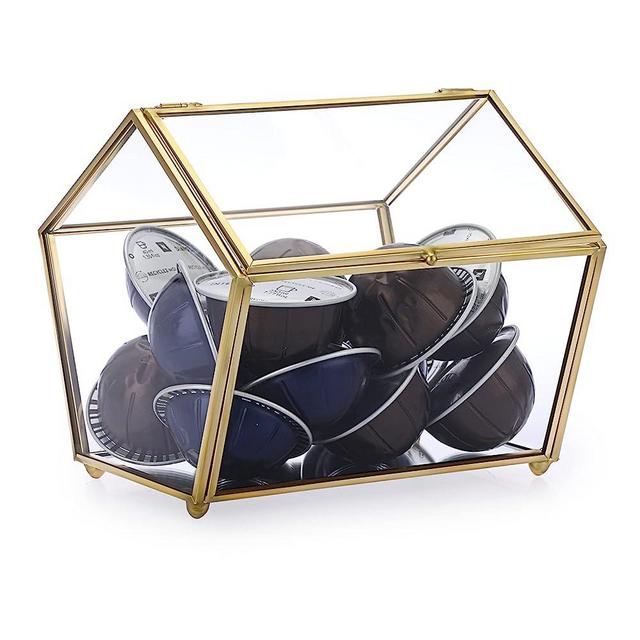 ELLDOO Gold Glass Pentaprism Coffee Pods Holder with Lid for Nespresso Vertuoline Capsule, Tea Bags Sugar Packets Sweeteners Candy Snack Storage for Counter, Coffee Bar, Kitchen, Breakroom