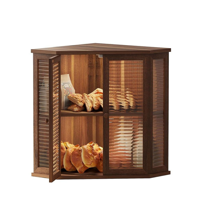 Aycarzcy Corner bread box Bread Box for Kitchen Countertop - Corner Bread Storage Box 16.5" H, Premium Wood with Glass Door, Perfect for Homemade Bread, Baguettes & Pastries (Acacia brown)