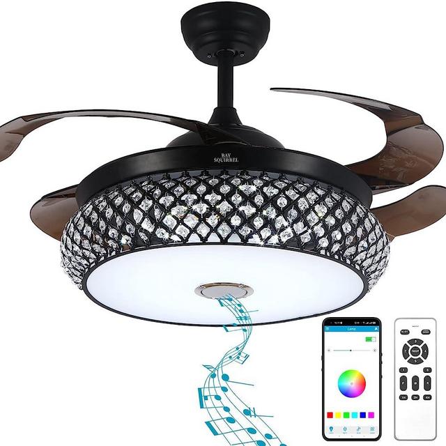 BAYSQUIRREL Retractable Bluetooth Ceiling Fan with Speaker, 85 Kinds of Color Light Bluetooth Ceiling Fan with Light,6 Speed Reversible Modern Invisible Ceiling Fan,Remote and APP Control