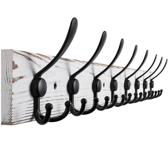 Kuhome 32.2'' Large Coat Rack Wall Mount Coat Hooks with 8 Metal Black Triple-Hooks Old White Pine Real Wood Plank Hat Rack for Wall Hooks