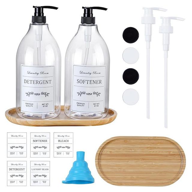 Laundry Detergent Dispenser Bottle -2 Half Gallon Plastic Liquid Laundry Soap Dispenser for Laundry Room Organization & Decor, with Label&Bamboo Tray