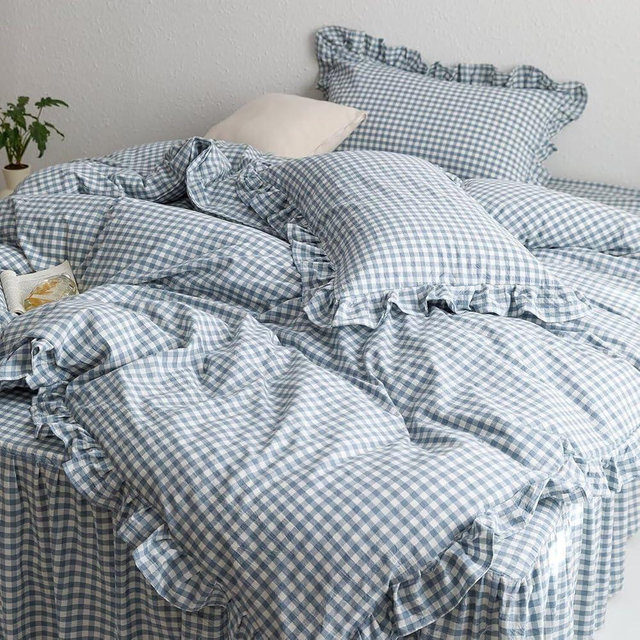 MKXI Blue and White Gingham Duvet Cover King Size, 3-Piece Bedding Set with Ruffles - 100% Soft Washed Cotton, Crisp Breathable - Nautical Coastal Classic Style Comforter Cover