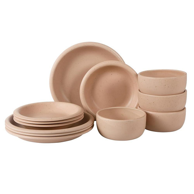 Bloomhouse Corsica Clay 12 Piece Stoneware Rustic Reactive Glaze Dinnerware Set - Stackable Plates and Bowls Set. Service for 4 - Matte Prosecco Blush Pink