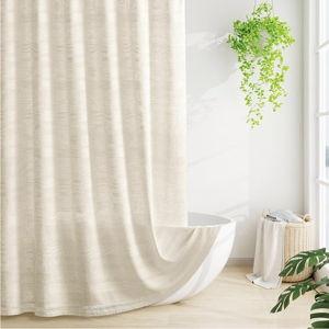 Boho Farmhouse Shower Curtain Set with Tassel, Linen Bohemian French Country Chic Bathroom Shower Curtain Set, Modern Striped Textured Shower Curtain 72x72 - Beige/Cream