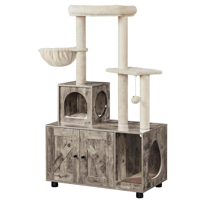 Yaheetech Litter Box Enclosure with Cat Tree, All-in-one Indoor Kitten House w/Scratching Posts, Wooden Cat Litter Box Furniture w/Kitty Condo, Platform, Greige/Beige