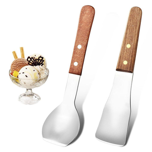 Miruchertter Ice Cream Scoop Ice Cream Shovel Stainless Steel Ice Cream Spade with Comfortable Wood Handle Nonstick and Anti-Freeze Ice Cream Scooper, 2 Pcs