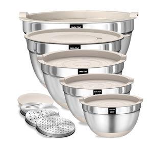 Umite Chef Mixing Bowls with Airtight Lids Set, 8PCS Stainless Steel Khaki Nesting Bowls with Grater Attachments, Kitchen Bowls with Non-Slip Bottoms, Size 5, 4, 3.5, 2, 1.5QT for Mixing & Serving