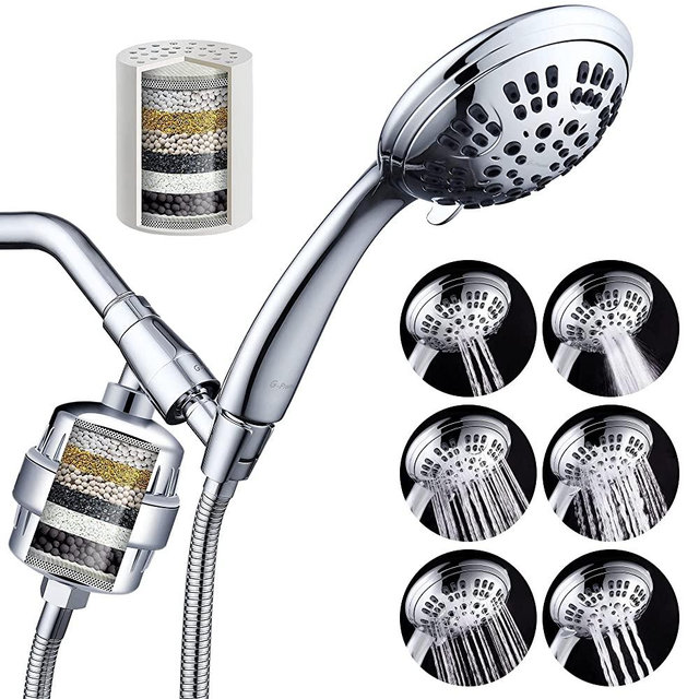 G-Promise Luxury Filtered Handheld Shower Head , 6 Spray Settings Shower Set with Effective Filter of 2 Cartridges, Adjustable Metal Bracket, Extra Long Stretchable Hose, Chrome (Chrome with Filter)