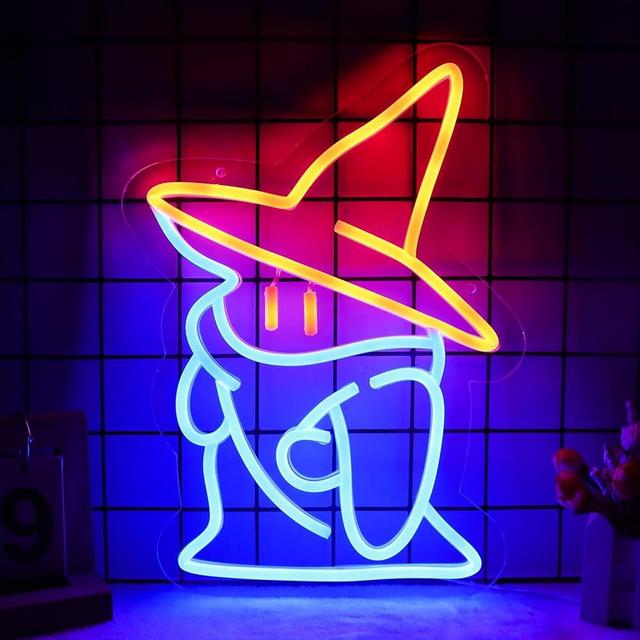 Pinlangdou Black Mage Neon Signs Fantasy Neon Lights Final Fantasy Black Mage Led Light Sign Party Masquerade Christmas Bedroom Bar Living Room Party Man Cave Game Room Party Gamer Decor 14 * 11 Inch