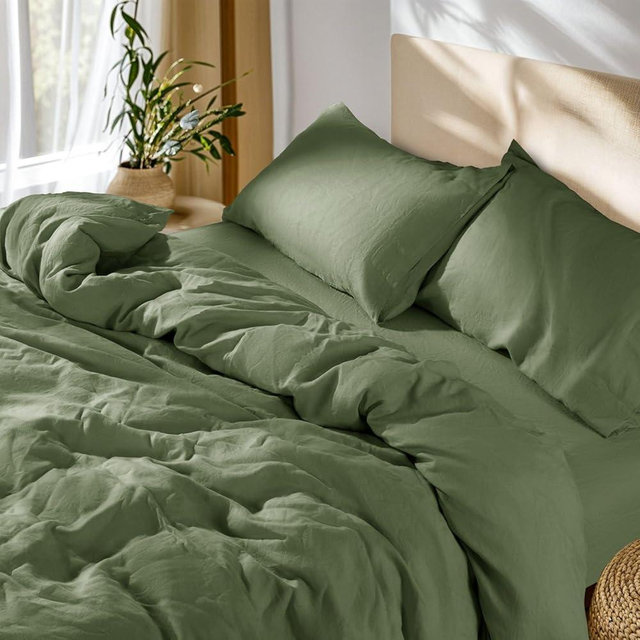 SONORO KATE 100% French Linen Duvet Cover Queen Size, Soft Breathable for Hot Sleepers, Moisture Wicking & Durable Cover Set - Zipper Closure & 4 Corner Ties Duvet Covers 3 Piece (Olive Green,Queen)