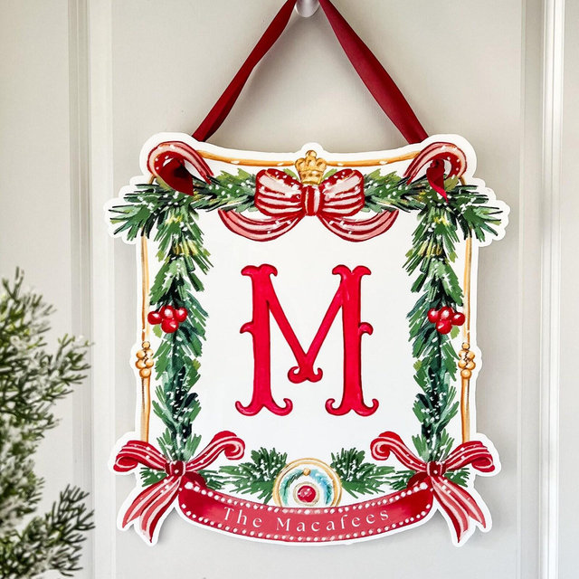 Personalized Christmas Door Hanger, Christmas Decor, Santa Crest & Gifts, Initial Door Sign, Gingerbread House, Preppy Holiday Home Decor