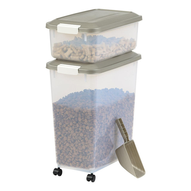 IRIS USA 40 lbs & 11 lbs Combo Airtight Dog Food Storage Container, Stackable Treat Box, 2-Cup Scoop, Casters, Keep Fresh, Chrome/White