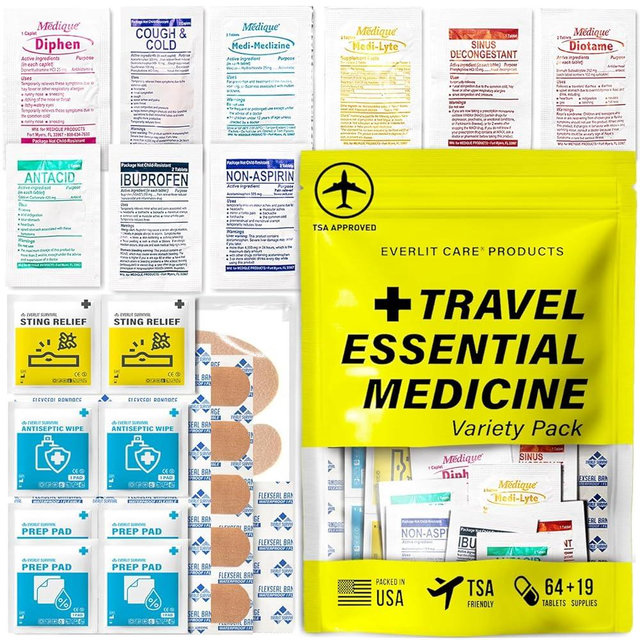 EVERLIT CARE Travel Essential Medicine First Aid Kit I Bonus Medical Supplies I TSA Compliant Mini Size Medkit for Traveling Camping Trips Individually Packed 64 Tablets (Refill Pack)