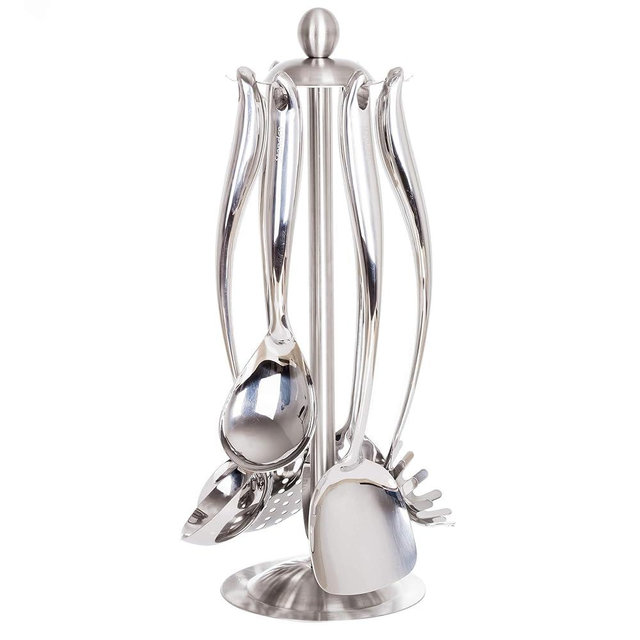 18/10 Stainless Steel Cooking Utensils Set with Holder, 7-Pieces All Metal Kitchen Utensils, 15’’ Long Kitchen Tools with Countertop Rotating Stand, Spatula, Ladle, Skimmer, Tunner, Pasta, Large Spoon