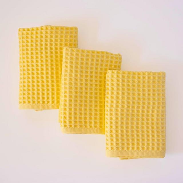 PÜSKÜL Organic Waffle Kitchen Towel 100% Turkish Cotton Set of 3 Yellow - Premium Quality, Soft, Quick-Dry, Absorbent, Lint-Free Hand Towels 32X16 Inches (3, Light Yellow)