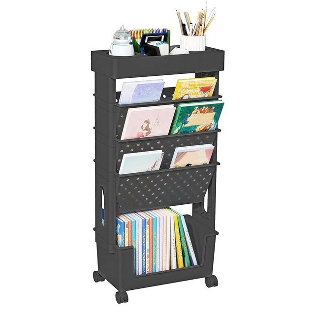 YEMUNY 5 Tier Rolling Utility Cart Multi-Functional Movable Storage Book Shelves with Lockable Casters for Study Office Kitchen Classroom, Black