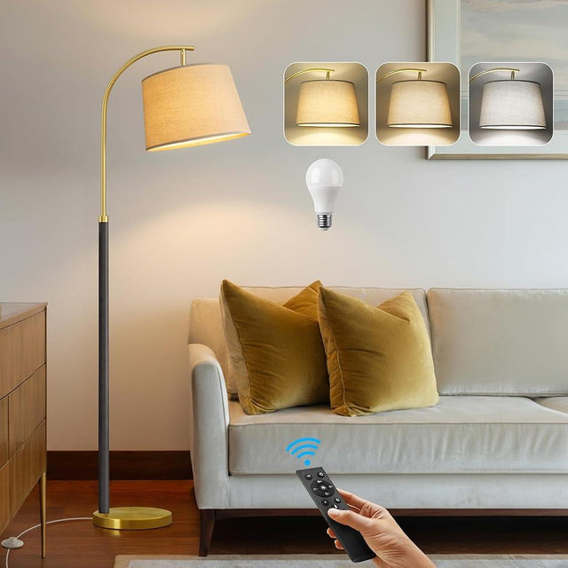 63" Wood Floor Lamp for Living Room Dimmable Standing Lamp with Remote & Foot Switch, 3 Color Temperatures Tall Lamp Mid Century Modern Floor Lamp for Bedroom Office, 9W Bulb Included, Wood Black