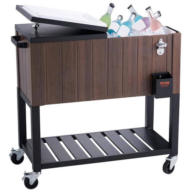 VEVOR Rolling Ice Chest Cooler Cart 80 Quart, Portable Bar Drink Cooler, Beverage Bar Stand Up Cooler with Wheels, Bottle Opener, Handles for Patio Backyard Party Pool