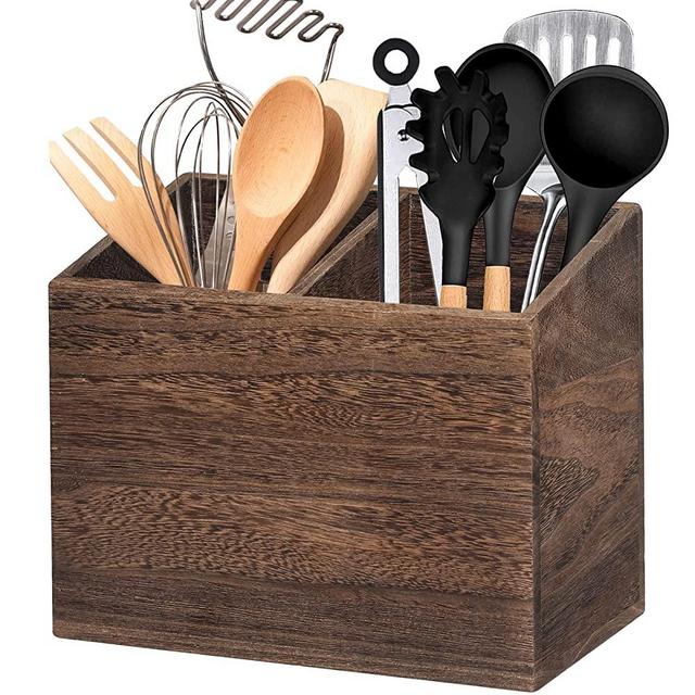 Wooden Kitchen Utensil Caddy With 2 Compartments, Rustic Kitchen Utensil Holder for Kitchen Countertop, Wood Utensil Crock Organizer Box for Farmhouse Kitchen Decor