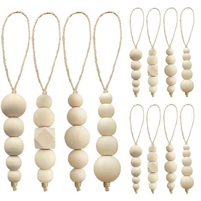 OurWarm 12 Pcs Wood Beads Christmas Tree Ornaments Wooden Beads, 4 Style Boho Christmas Decor Xmas Tree Hanging Beads, Farmhouse Christmas Ornaments Beads for Christmas Tree Decor Home Decor