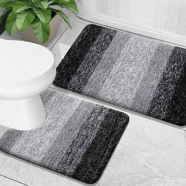 OLANLY Luxury Bathroom Rug Set 2 Piece, Soft Absorbent Microfiber Bath Rugs and U-Shaped Contour Toilet Rug, Non-Slip Bath Carpet, Machine Wash Dry, Bath Mats for Bathroom (30"x20"+24"x20", Black)